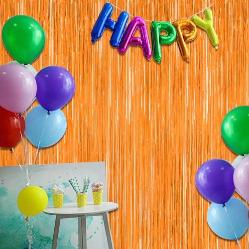 Image of ZATAYE 2 Pack Orange Halloween Foil Curtain Streamer Decorations | Orange, Metallic Foil, 3.28 x 7.05 FT, Tinsel Backdrop, Foil Curtain Streamer, Halloween Party, Photo Booth Door Wall Decor
