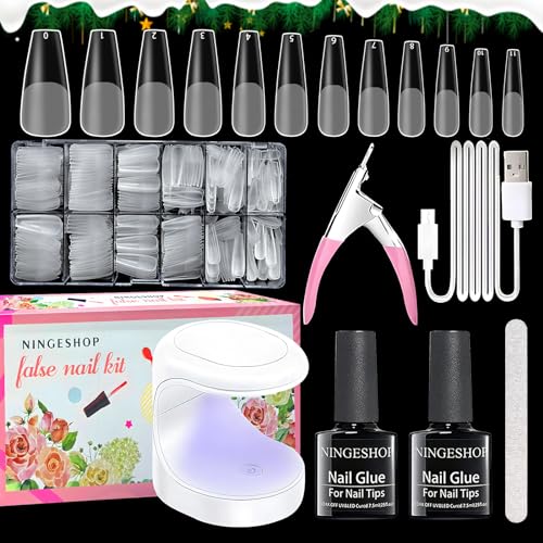 NINGESHOP Kit Uñas, Nail Kit de Tips Uñas Gel con Pegamento, 600 Piezas De Uñas Postizas Con Pegamento De Uñas 2 en 1 y Lámpara De Uñas Mini Lde Kit De Uñas De Acrílico Para Principiantes