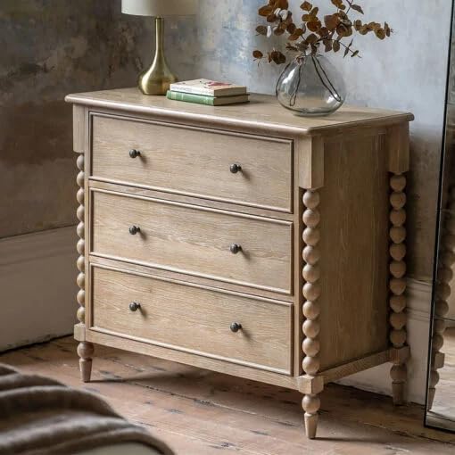 Levon Artson Solid Wood 3 Drawer Chest of Drawers Bedroom Storage Dresser with Bobbin Detail Legs | Rustic Cottage Style Wooden Cabinet Light Oak Finish-image-36