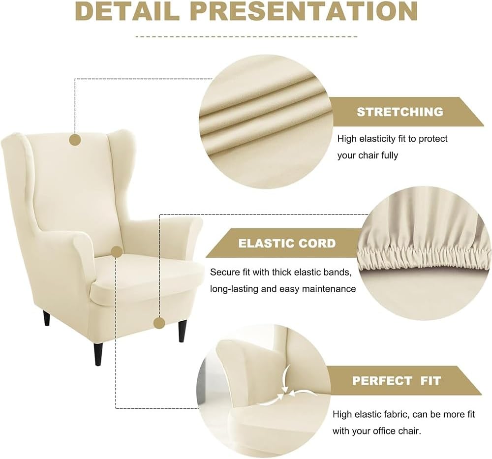 Wing Back Chair and Ottoman Slipcover Set, 2 Pieces Wingback Chair Cover and and 1 Piece Rectangle Storage Stool Cover Removable Armchair Sofa Covers for Living Room Bedroom (Color : Beige)