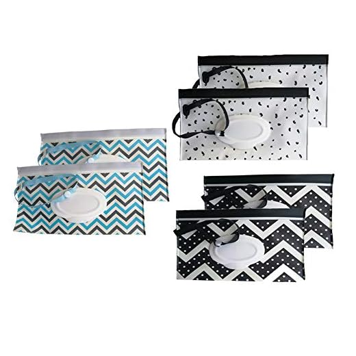 6 Pack Portable Wet Wipe Pouch Dispenser,Reusable & Refillable Portable Baby Lightweight Wipes Holder Case,Handy & Eco Friendly Travel Wipes Bag (Blue & Black & White)