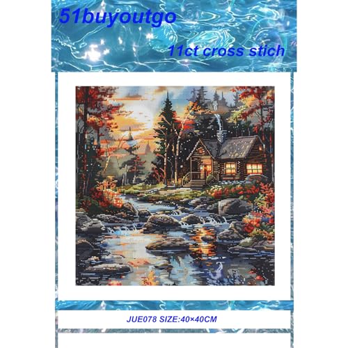Image of 51buyoutgo Cross Stitch Kits, 11 Ct Count Pre Printed Counted Stamped Cross Stitch Embroidery Needlepoint Patterns Kits for Adults Beginners, Cottage Landscape Easy Advanced Crossstitch Crossstitching