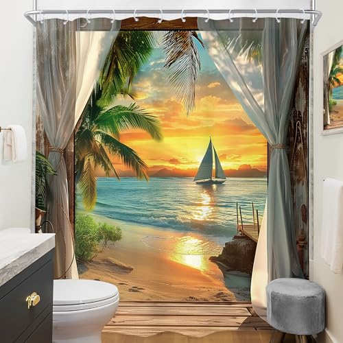 Image of Riyidecor Beach Shower Curtain 72Wx84H Inch Extra Long Beachy Seaside Ocean Sea Hawaiian Sunset Coastal Tropical Palm Tree Scenery Barn Door Bathroom Decor Fabric Polyester Waterproof 12 Pack Hooks