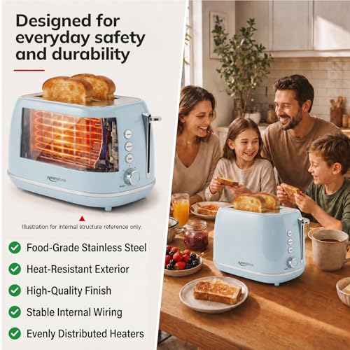 Image of Retro 2 Slice Stainless Steel Toaster with 6 Bread Shade Settings, Bagel, Cancel, Defrost Function, Extra Wide Slot, Removable Crumb Tray, Blue