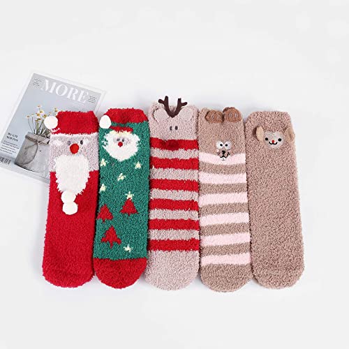 Image of Christmas Socks Fuzzy Socks for Women Warm Fluffy Socks Winter Slipper Socks Soft Cozy Socks Plush Socks Christmas Gifts Presents 5 Pack