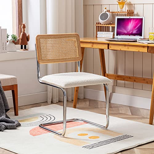 Zesthouse Mid-Century Modern Dining Chairs, Accent Rattan Kitchen Chairs, Armless Mesh Back Cane Chairs, Upholstered Fabric Chairs With Metal Chrome Legs, Set Of 2, White #TOP6