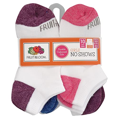 Fruit of the Loom Girls Cushioned No Show Socks 10 Pair, 4-10, White Assorted