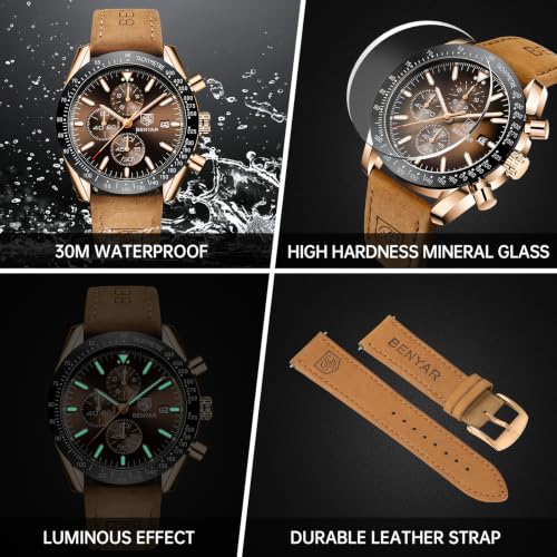 Image of BENYAR Mens Watches Quartz Movement Chronograph Leather Strap Fashion Business Sport Design 30M Waterproof Scratch Resistant Elegant Gifts for Men