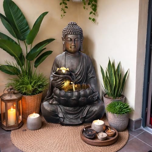G-LEAF Buddha Water Fountain with LED Light 28.8 inch Indoor Outdoor Zen Meditation Fountain with Lotus Bowl Lighted Tabletop Floor Water Feature for Home Garden Patio Decor (Dark Brown)