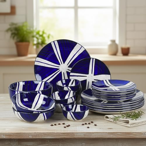 Image of BlackCarrot Ceramic Dinner Set, Blue Splash Set of 21 Pieces | Stoneware Series | Glossy Finish Crockery Set for Dining Table | Premium Ceramic Dinnerware (Blue & White)