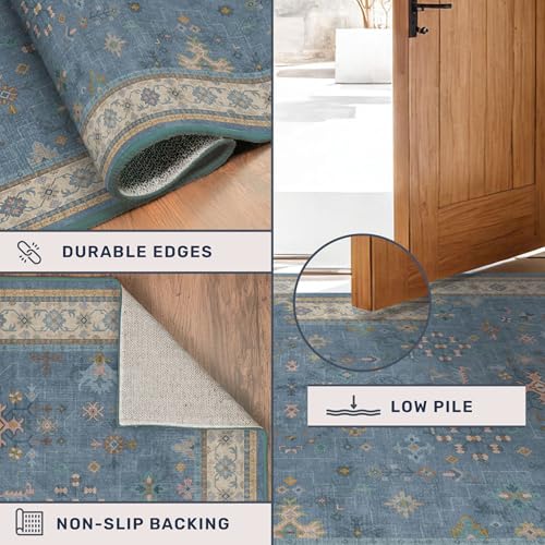 Image of Blue 2x3 Washable Rug for Entryway Indoor, Kitchen Floor Waterproof, Bathroom, Powder Room, Non Slip Low Pile Stain & Fade Resistant, Modern Eclectic Floral Decor