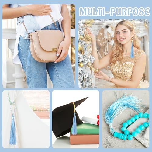 Image of 100 Pcs Bookmark Tassels Bulk Light Blue Soft Craft Silky Handmade Mini Tassels for Jewelry Making with Loops for DIY Craft Accessory Dress Decoration