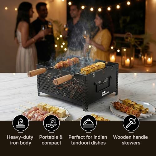 Image of The Better Home Heavy-Duty Iron Charcoal Grill - Sturdy Barbecue Sigdi for Home & Garden with 2 Rust-Proof Stainless Steel Skewers | Portable BBQ Set with Wooden Handles & Mesh Grill (Silver)
