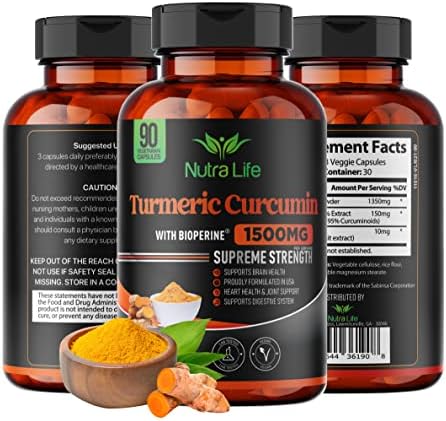 High Potency Turmeric Curcumin USA Made with BioPerine Natural Joint Support 95% Standardized Curcuminoids & Black Pepper Extract - Non GMO Gluten Free - 90 Capsules by Nutra Life