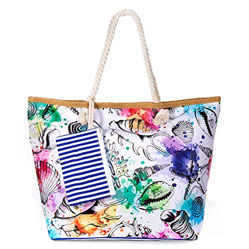 zedela Sac de Plage Vacances, Sac Fourre-Tout Grand Avec Zip, Pochette sac à Main Sac de Shopping Pour Femme et Filles (Coquille)