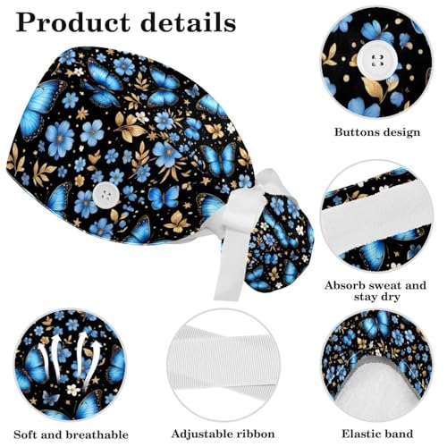 Image of Butterfly Scrub Cap Women with Ponytail & Buttons Adjustable Surgical Nurse Hat with Cotton Sweatband for Long Hair