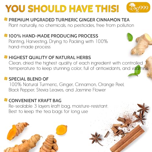 Image of TOG999, 120 Bags Premium Turmeric Ginger Cinnamon Tea. Upgraded Version. Improve Digestion, Support Brain, Weight, Skin and Sleep. Eco-Conscious Tea Bags. No Sugar, No Caffeine, No Gluten, Vegan.