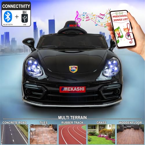 Image of MEKASHI Electric Ride-On Car for Kids 1-7 Years, 12V Battery, Remote Control, 5 Speed, LED Lights, Bluetooth, Metallic Black
