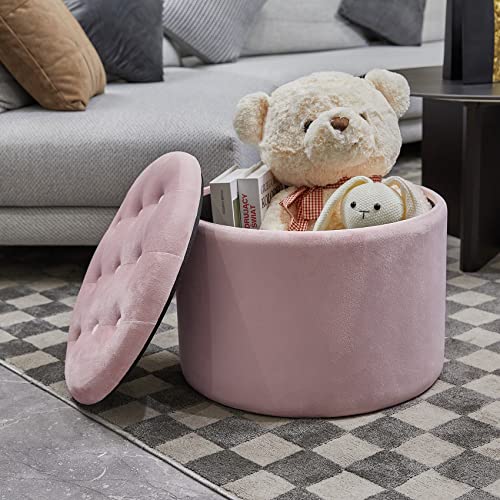 Pinplus Round Pouf Storage Ottoman, Pink Velvet Large Foot Rest Stool Seat With Lids, Coffee Table Footrest Stool Seat For Living Room Bedroom Entryway, 19.9" X 19.9" X 15.2" #TOP1