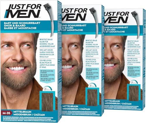 Just For Men Teinture Barbe Châtain, Coloration Moustache Et Barbe Homme, Élimine Les Poils Blancs Pour Un Résultat Plus Épais, Avec un Pinceau Applicateur, Rapide et Facile, Châtain, M35, Lot de 3
