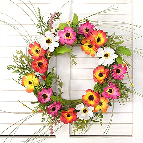 Idyllic Red & Yellow & White Flower Door Wreath With Green Leaves thumb #6