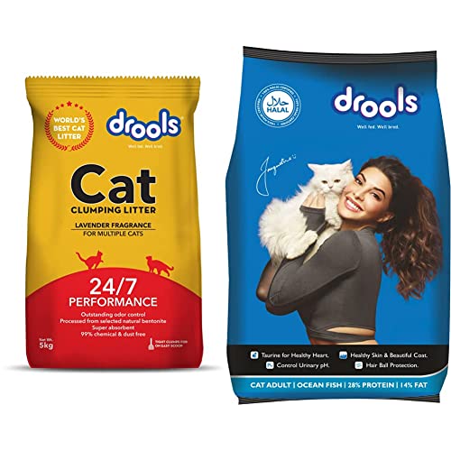 Image of Drools Clumping Lavender Fragrance Cat Litter (for Multiple Cats), 5kg&Drools Ocean Fish Adult Dry Cat Food, 1.2kg