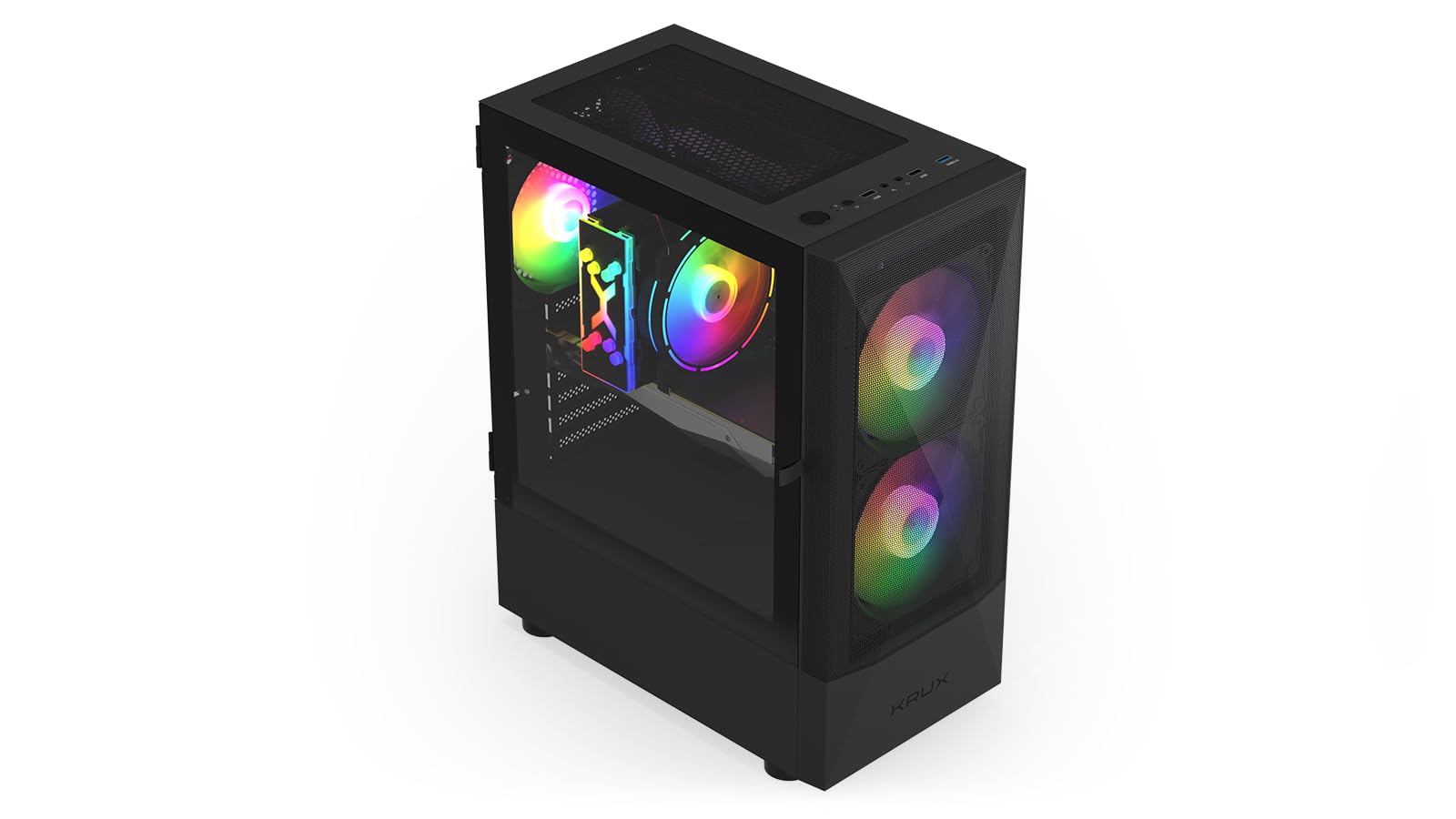 KRUX Vako ARGB, Obudowa PC ATX, okno ze szkła hartowanego na zawiasach, 3 wentylatory RGB (2x140mm, 1x120mm), struktura Mesh, USB 3.0, wsparcie AIO 240mm, GPU do 310mm, czarna