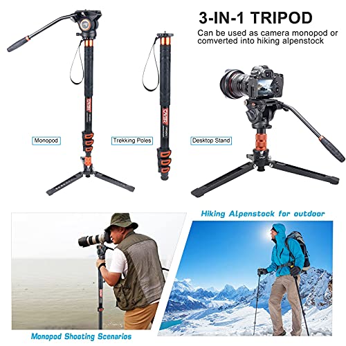 Cayer Fp34 Monopod With Feet, 71 Inch Aluminum Telescopic Camera Monopod With Fluid Head And 3-Leg Tripod Base For Dslr Video Cameras Camcorders, Supporting Up To 13.2Lbs #TOP2