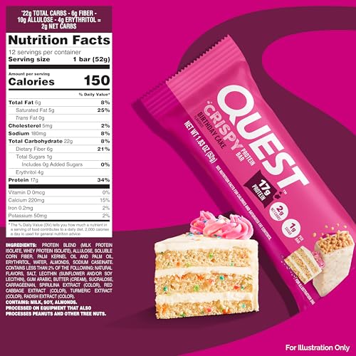 Image of Quest Nutrition Crispy Birthday Cake Protein Bar, 17g Protein, 1g Sugar, 2g Net Carbs, Gluten Free Protein Snack, Keto Friendly, 12 Count