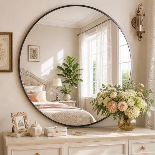 Image of Easly 40 Inch Round Mirror, Black Metal Frame Wall Mirror for Bathroom