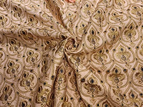 Tissu brodé brocart pêche feuille dorée métallisée au mètre largeur 111 cm BRO840