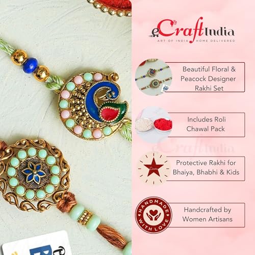 Image of eCraftIndia Beautiful Floral Peacock Designer Rakhi Set of 2 | Rakhi for Brother Bhaiya Bhai with Best Bro Ever Fridge Magnet | Roli Chawal Pack