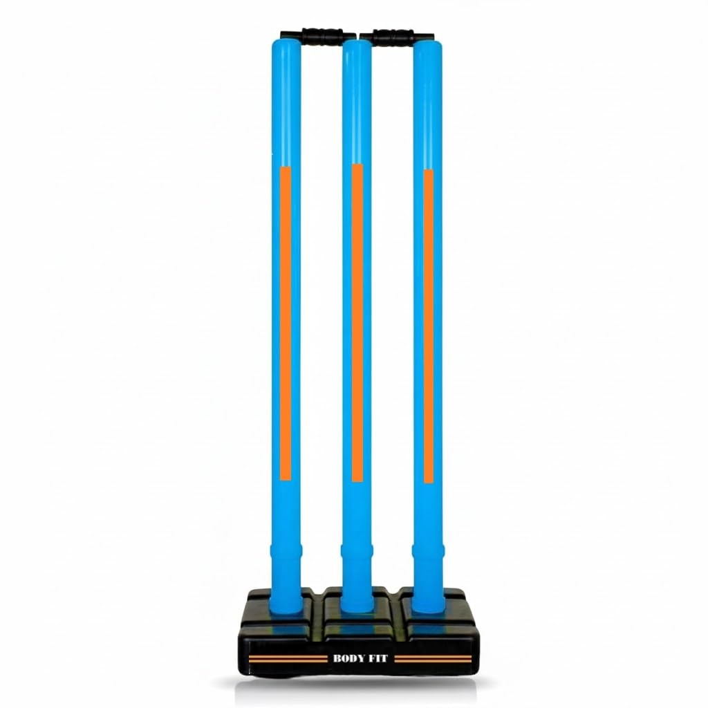 BodyFit Professional Heavy Cricket Stumps Set, Fluorescent Blue Wickets Set with 3 Stumps + 2 Bails + 1 Stand | Full Size for Cricket Ground, Tournament Wicket Blue-Orang.-image-2