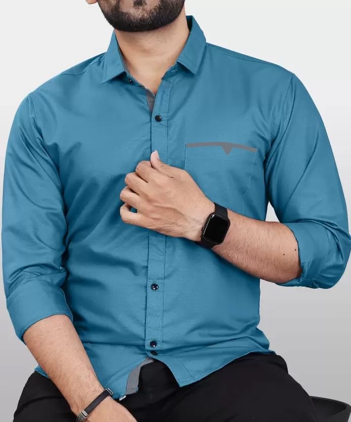 Image of CB-COLEBROOK Men's Regular Fit Solid Soft Touch Cotton Casual Shirt with Pocket Design with Spread Collar & Full Sleeves (Available in Plus Size)