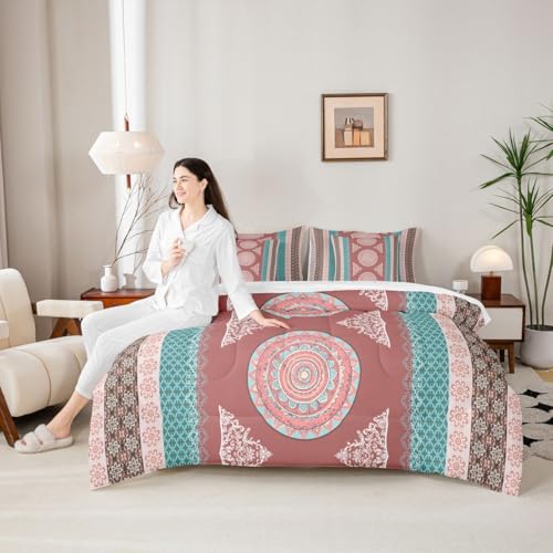 Image of Boho Decor Bohemian Bed in a Bag Queen Comforter Set 7-Piece,Paisley Flower Mandala Bedding Sets Moroccan Medallion Aztec Comforter and Sheet Set Ethnic Tribal Exotic Striped European Red Brown Green