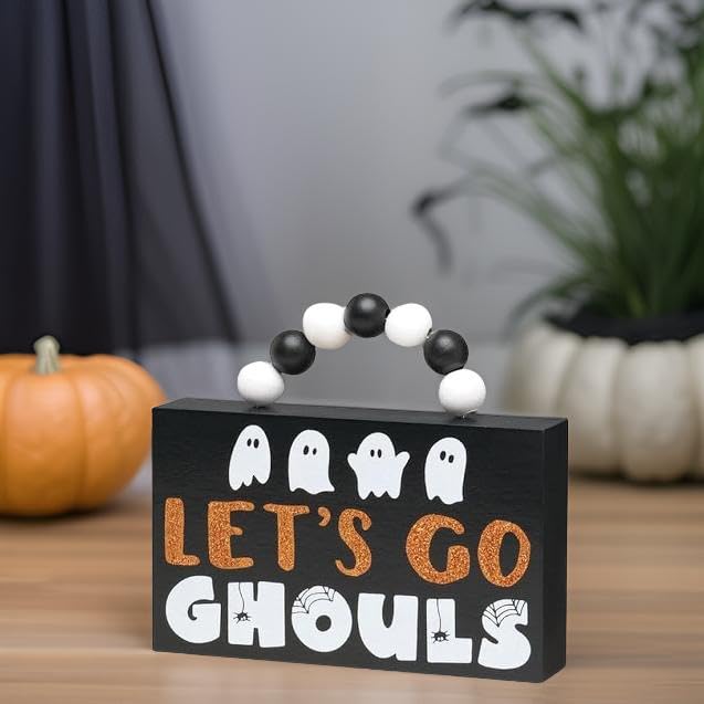 Collins Painting 「Let's Go Ghouls」ボックスサイン ビーズハンドル付き 木製卓上フォールサイ