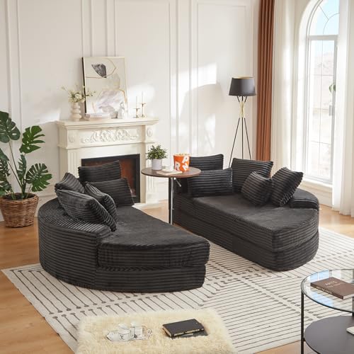 Image of 78'' Oversized Round Sleeper Sofa Bed, Convertible Circle Chaise Lounge Chair Indoor, Modern Fluffy Plush Corduroy Cloud Boneless Couch, Assembly Free, Comfy Bean Bag for Living Room, Black