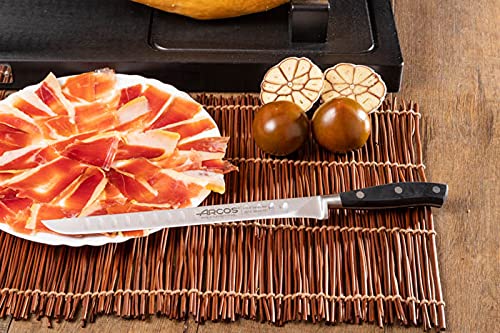 Foto von Arcos Jamonmesser mit Alveolen - Klinge 250 mm, Ideal für Präzises Schneiden und Tranchieren von Verschiedenen Lebensmitteln - Schwarz, Serie Riviera