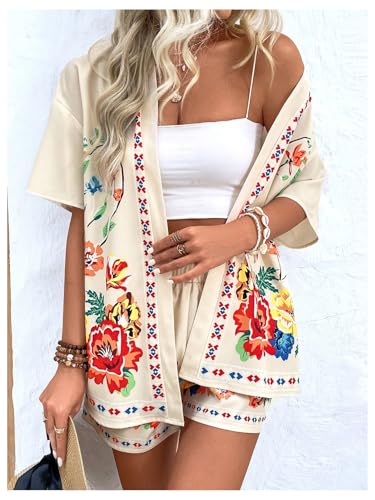 MakeMeChic Women's 2 Piece Beach Outfit Floral Open Front Kimono Cardigan and Shorts Matching Set3