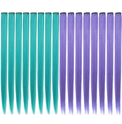 Lavender Pueple&Teal Colorful Hairpieces For Girls Multicolor Highlight Straight Clip In Colored Hair Extensions For Teens Adults Women(Teal Lavender Purple) #TOP30