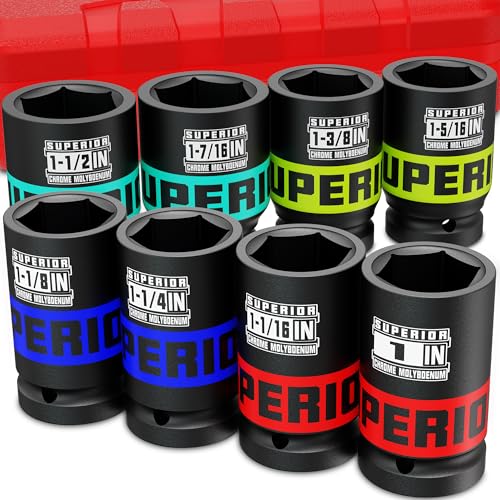 Image of 8 Piece 3 /4 inch Drive Impact Socket Set, 1 inch - 1-1 /2 inch Axle Nut Socket, SAE, 6-Point, Heavy Duty CR-MO, Large Automotive Repairs, Agricultural implement
