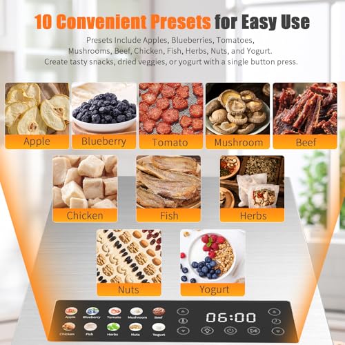 Image of Food Dehydrator for Jerky, 10 Stainless Steel Trays, 10 Presets with 48H Timer & Temp Control, 850W Food Dryer for Fruit, Meat, Herbs, Dog Treats, with Mesh Screens, Fruit Roll Sheet & Recipe Book
