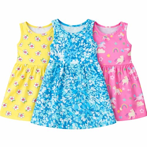 Image of EIO Girls Cotton Frock Dress Combo Pack | Multicolor Printed Knee Length Casual Dresses for Kids | Soft & Breathable Summer Wear Outfit