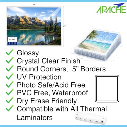 Image of Apache Poster Size Laminating Pouches, 2 Mil, 10 Pack, Holds 24 x 36 Inch Projects (25 x 37 Inch Pouch Size), Thermal Laminator Compatible Laminating Sheets, Super Clear, Round Corners