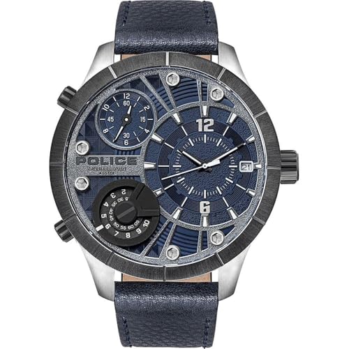 Police Herrenuhr Analog Quarz mit Lederarmband PL.BUSH.SET.20, blau, Armband