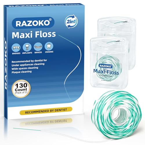 RAZOKO 2-in-1 Superfloss Zahnseide mit Einfädler für Zahnspangen Implantate & Brücken 130 Stück (2 x 65er Pack) Expandierend & Gewachst Leichte Minze