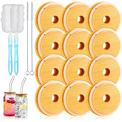16 oz Beer Can Glasses Lids with Straw Hole Drinking Glass Cups Anticorrosion Beer Can Cups Lids Bamboo Lids with Brush for 16 oz Canned Beer Glasses Jar Glasses and Cans (12 Pack) Cover