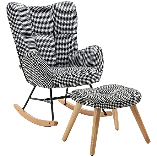 Homcom Glider Rocker With Ottoman Set, Houndstooth Nursery Rocking Chair, Upholstered Wingback Armchair For Living Room And Bedroom #TOP24