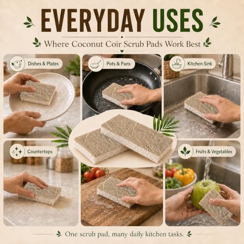 Image of Kitchen Clean Natural Coconut Coir & Cellulose Blend Dish Scrubber Sponge, Eco-Friendly Biodegradable Kitchen Cleaning Sponge, Non-Toxic Long-Lasting Scrub Pads for Utensils, Pots & Pans - Pack of 8