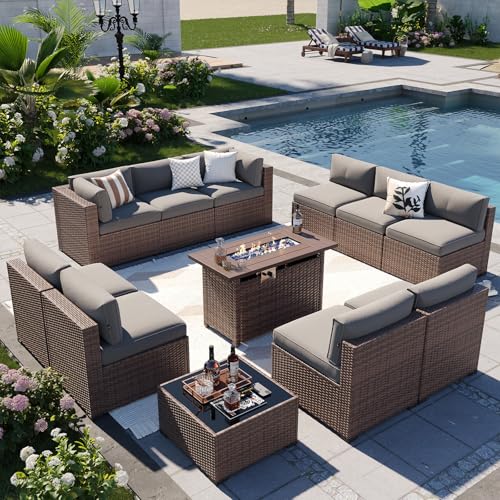 Aoxun Patio Furniture Sets, 12-Piece Outdoor Patio Furniture with 44'' Propane Gas Firepit Table, Wicker Outdoor Conversation Set Sectional Sofa for Backyard, Poolside, Garden